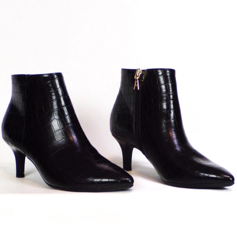AEROSOLES 6.5M EDITHBLACK black faux-snakeskin mid-heel point-toe ankle boots - Picture 1 of 14